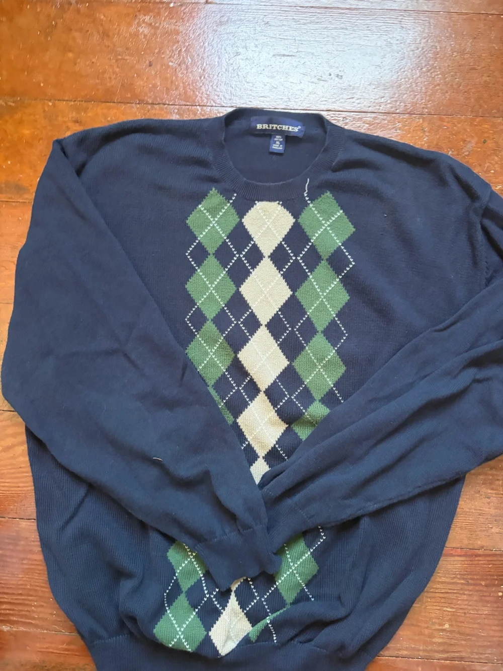Britches Men's Navy Argyle Crewneck Sweater with Green & Cream Pattern